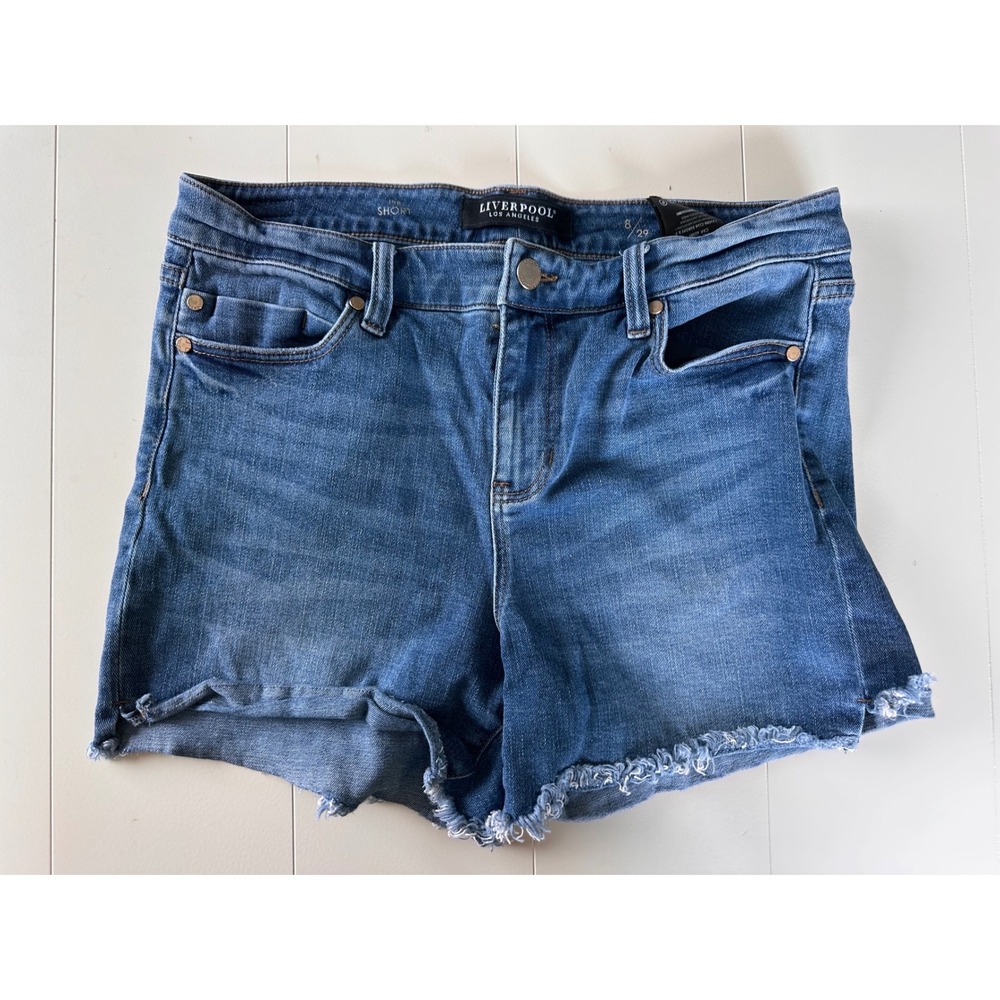 Liverpool Los Angeles Womens Denim Shorts Medium Wash Raw Hem Size 8 29